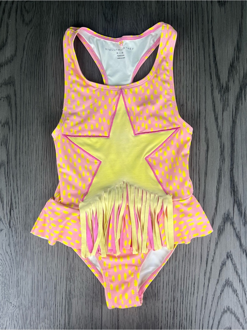 Stella McCartney Kids Pink & Yellow Star Fringe One-Piece Swimsuit, Size 6